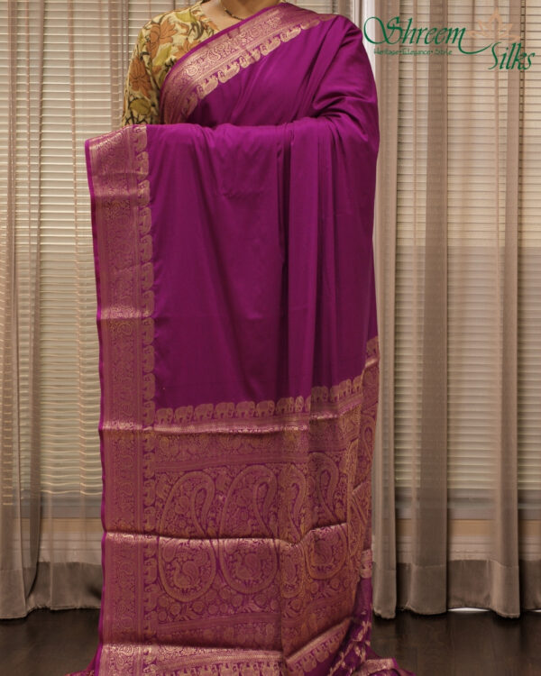 Peacock & Elephant Border Semi Mysore Crepe Saree - Image 2