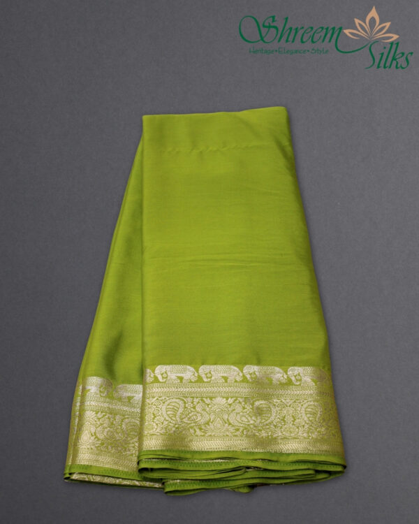 Peacock & Elephant Border Semi Mysore Crepe Saree - Image 3