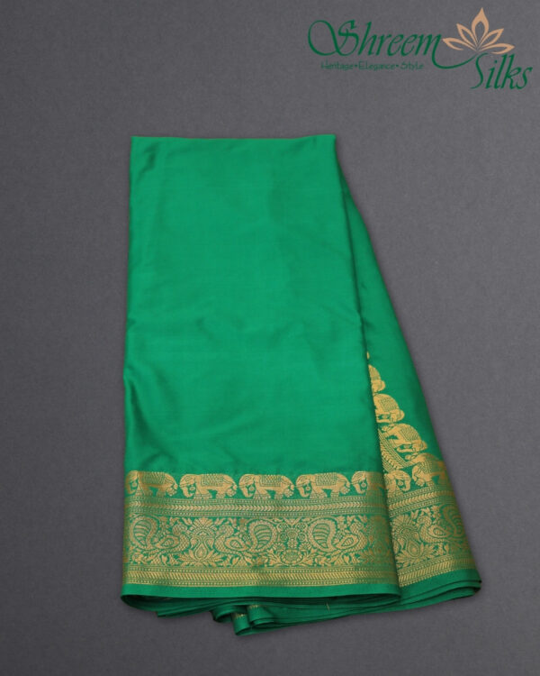 Peacock & Elephant Border Semi Mysore Crepe Saree - Image 4
