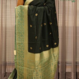 Bottle Green & Teal with Floral Motifs & Jaal Border Katan Saree