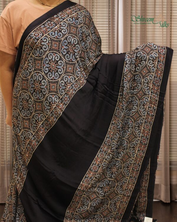 Black Ajrakh Block Prints Pure Modal Saree