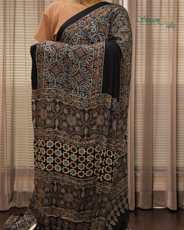 Black Ajrakh Block Prints Pure Modal Saree - Image 2