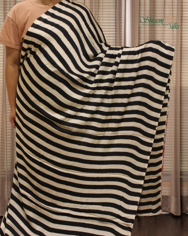 Black & White Stripes Ajrakh Block Prints Pure Modal Saree