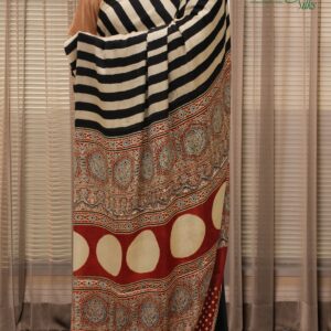 Alternative view of Black & White Stripes Ajrakh Block Prints Pure Modal Saree
