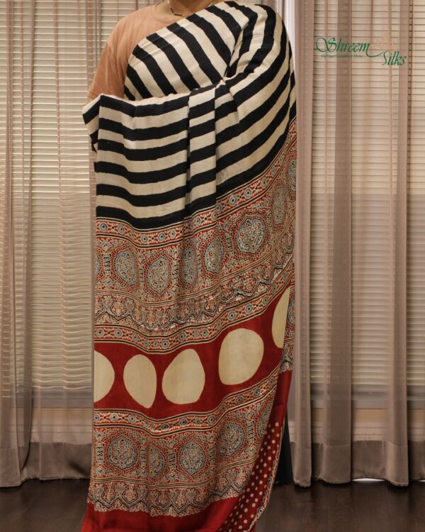 Black & White Stripes Ajrakh Block Prints Pure Modal Saree - Image 2