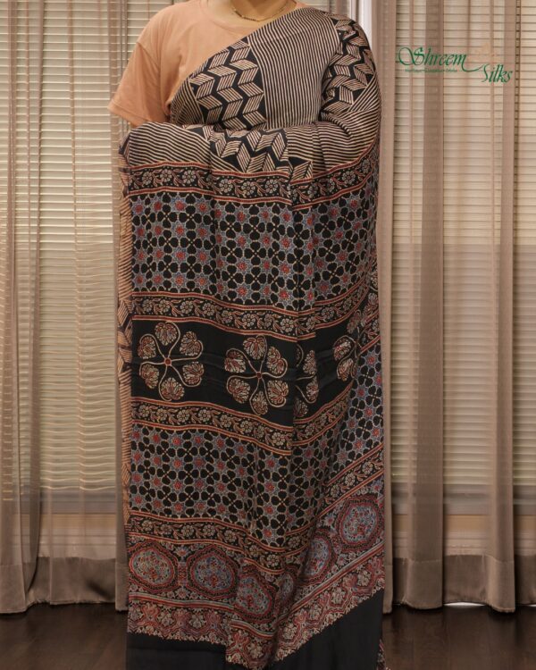 Black Ajrakh Block Prints Pure Modal Saree - Image 2