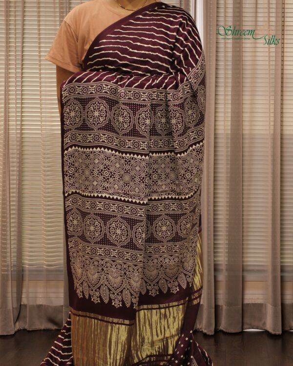 Diagonal Stripes Ajrakh Hand Block Prints with Tissue Pure Modal Saree - Image 2