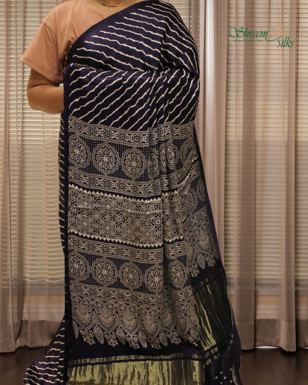 Diagonal Stripes Ajrakh Hand Block Prints with Tissue Pure Modal Saree - Image 4