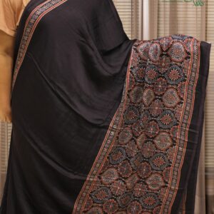 Black Ajrakh Hand Block Prints Modal Saree