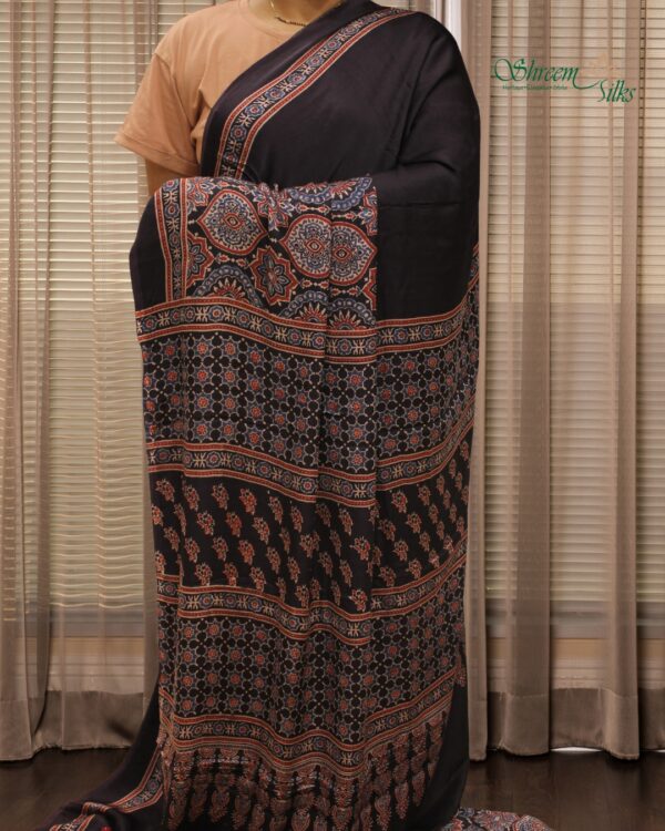 Black Ajrakh Hand Block Prints Modal Saree - Image 2