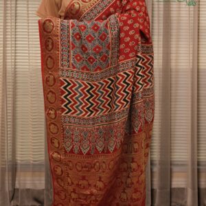 Alternative view of Red & Black Ajrakh Hand Block Prints Pure Dola Silk Saree