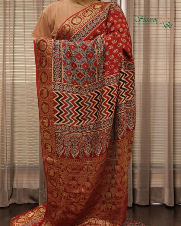 Red & Black Ajrakh Hand Block Prints Pure Dola Silk Saree - Image 2