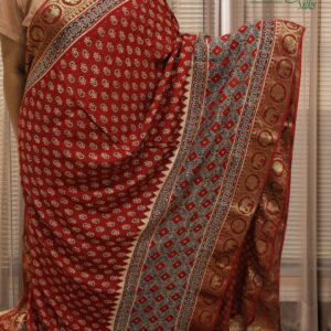 Red & Black Ajrakh Hand Block Prints Pure Dola Silk Saree