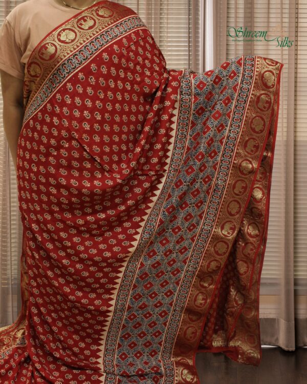 Red & Black Ajrakh Hand Block Prints Pure Dola Silk Saree