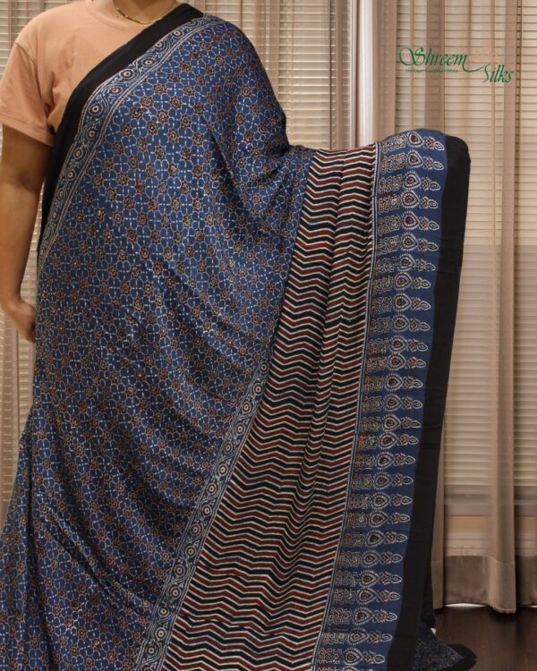 Blue Ajrakh Hand Block Prints with Tissue Pallu Pure Modal Saree
