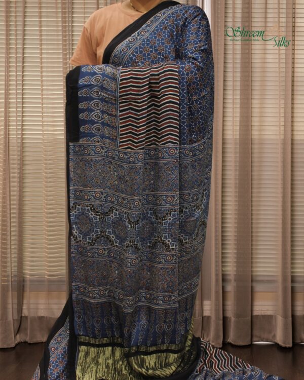 Blue Ajrakh Hand Block Prints with Tissue Pallu Pure Modal Saree - Image 2