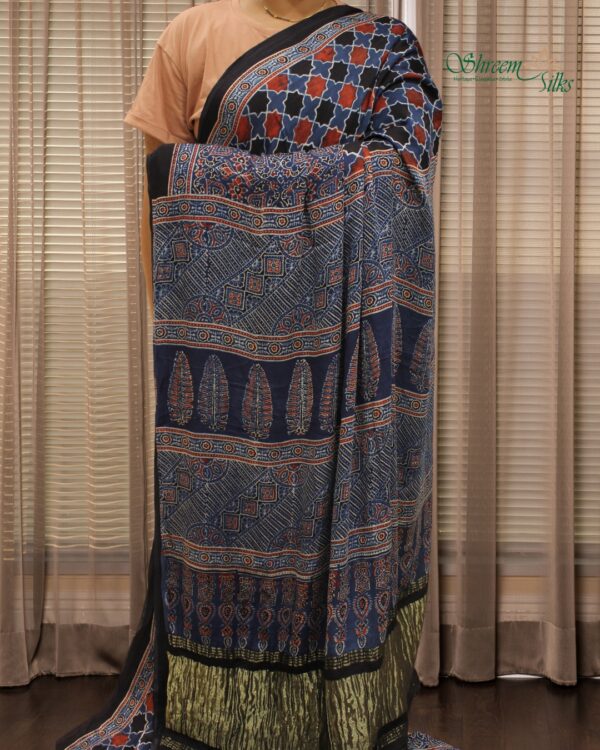 Blue Ajrakh Hand Block Prints with Tissue Pallu Pure Modal Saree - Image 2