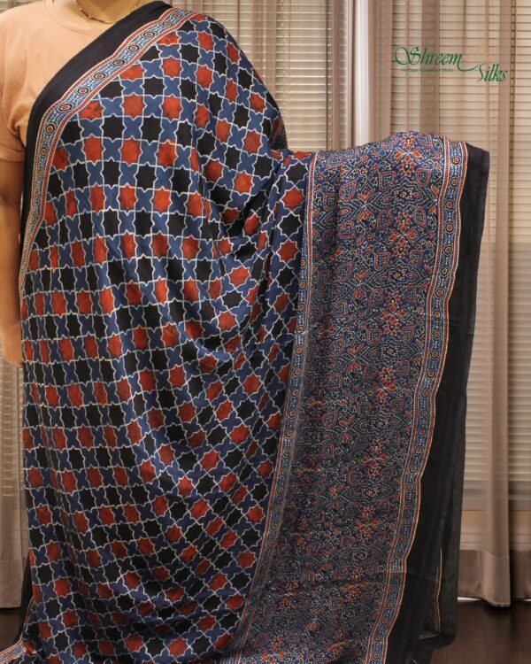 Blue Ajrakh Hand Block Prints with Tissue Pallu Pure Modal Saree
