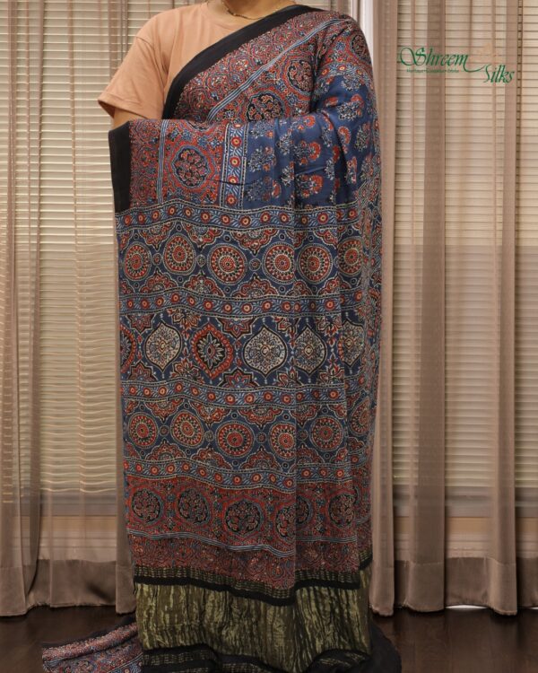 Blue Ajrakh Hand Block Prints with Tissue Pallu Pure Modal Saree - Image 2