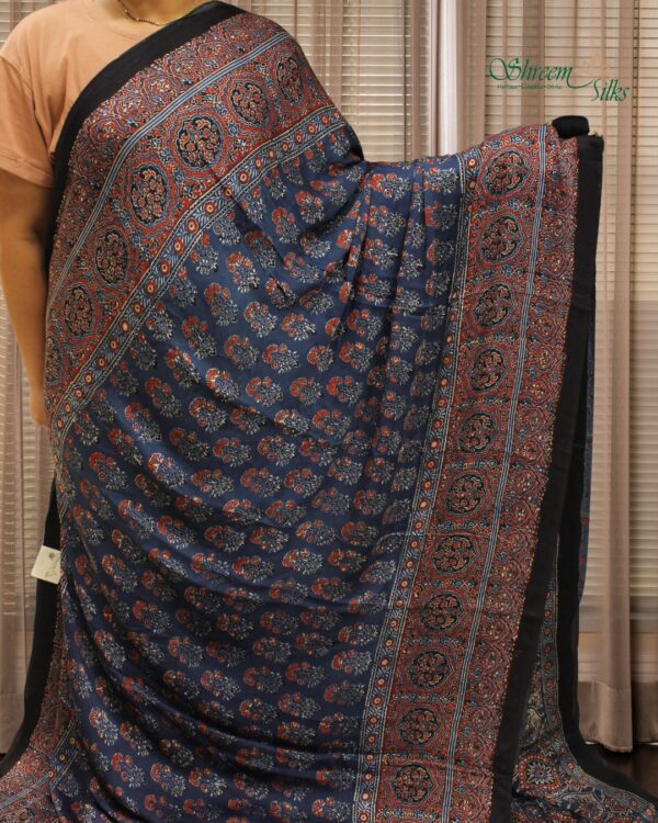 Blue Ajrakh Hand Block Prints with Tissue Pallu Pure Modal Saree