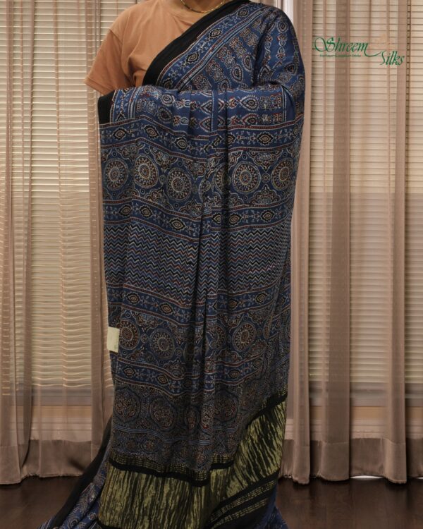 Blue Ajrakh Hand Block Prints with Tissue Pallu Pure Modal Saree - Image 2