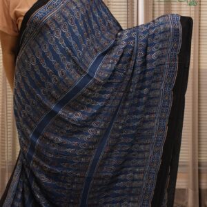 Blue Ajrakh Hand Block Prints with Tissue Pallu Pure Modal Saree