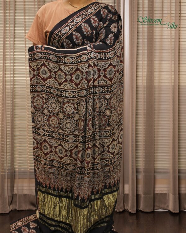 Black Ajrakh Hand Block Prints with Tissue Pallu Pure Modal Saree - Image 2