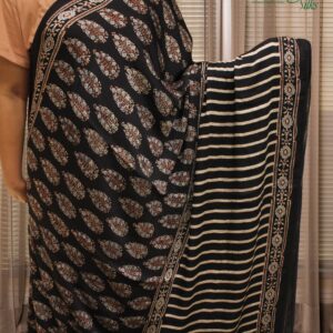 Black Ajrakh Hand Block Prints with Tissue Pallu Pure Modal Saree