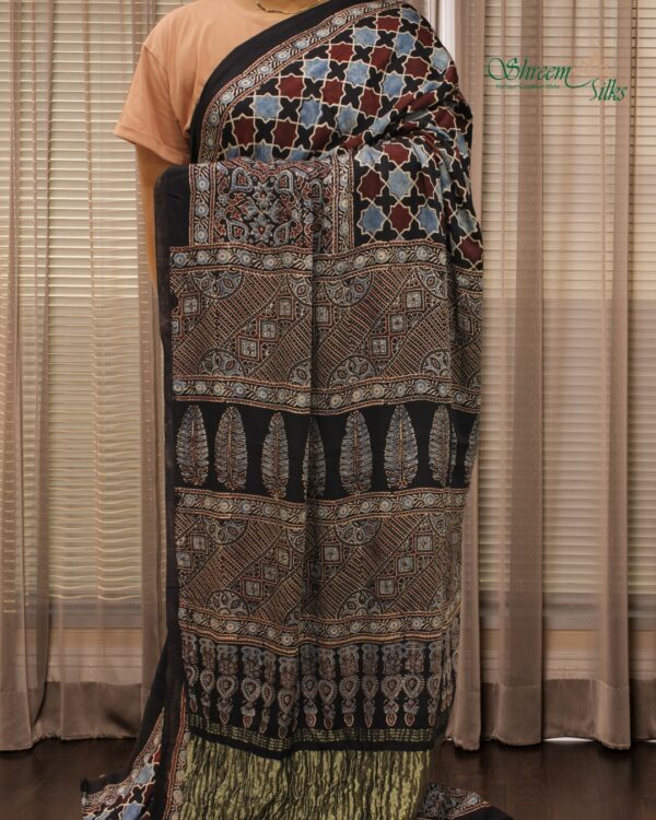 Black Ajrakh Hand Block Prints with Tissue Pallu Pure Modal Saree - Image 2