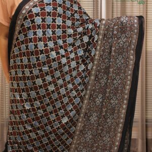 Black Ajrakh Hand Block Prints with Tissue Pallu Pure Modal Saree