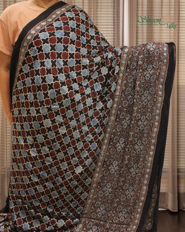 Black Ajrakh Hand Block Prints with Tissue Pallu Pure Modal Saree