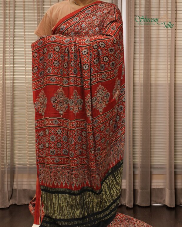 Red Ajrakh Hand Block Prints with Tissue Pallu Pure Modal Saree - Image 2