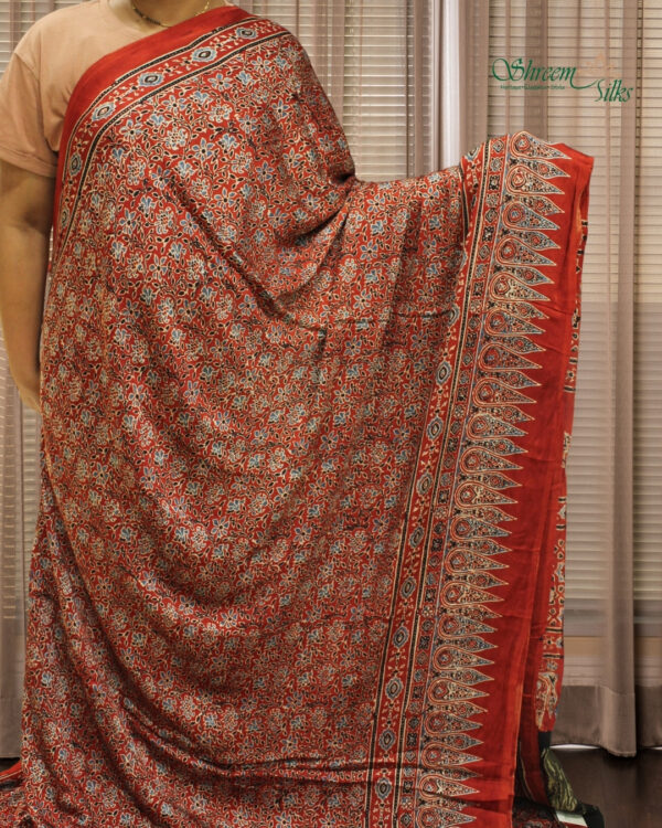 Red Ajrakh Hand Block Prints with Tissue Pallu Pure Modal Saree