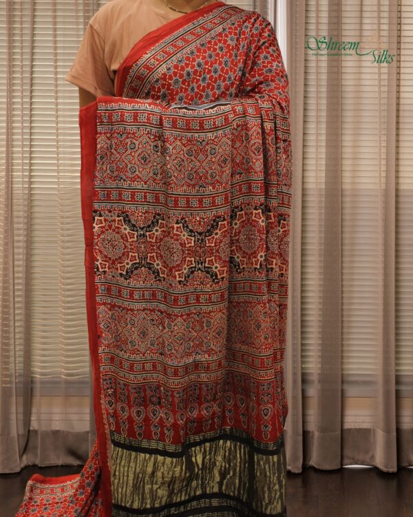 Red Ajrakh Hand Block Prints with Tissue Pallu Pure Modal Saree - Image 2