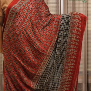 Red Ajrakh Hand Block Prints with Tissue Pallu Pure Modal Saree