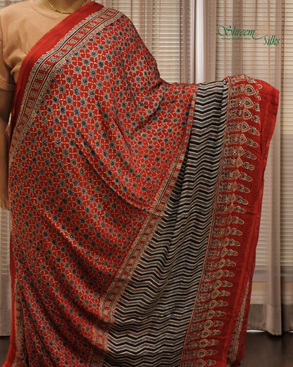 Red Ajrakh Hand Block Prints with Tissue Pallu Pure Modal Saree