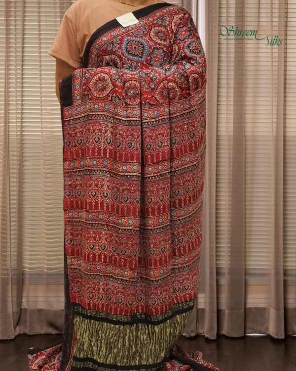 Red Ajrakh Hand Block Prints with Tissue Pallu Pure Modal Saree - Image 2