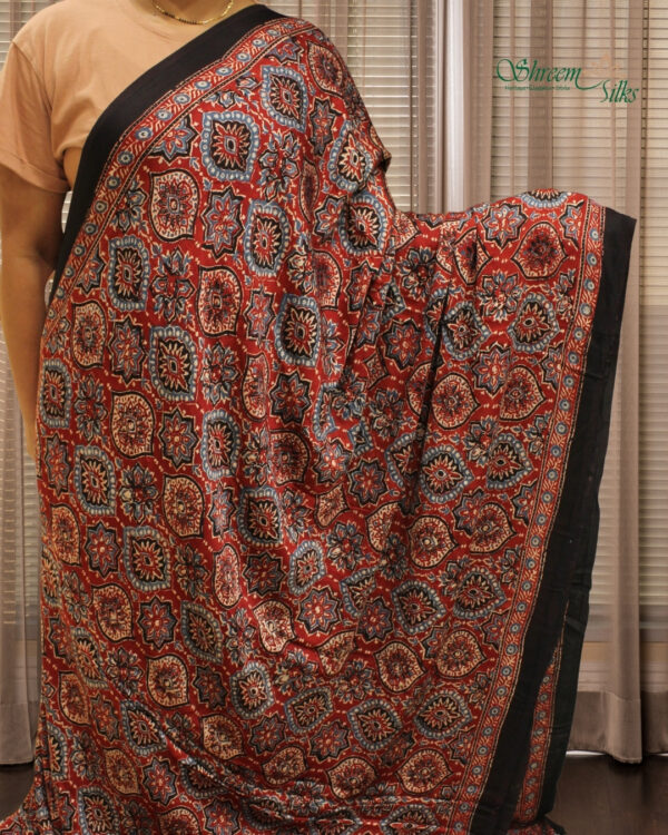 Red Ajrakh Hand Block Prints with Tissue Pallu Pure Modal Saree