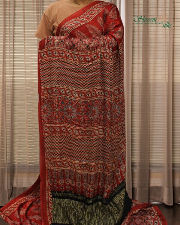 Red Ajrakh Hand Block Prints with Tissue Pallu Pure Modal Saree - Image 2