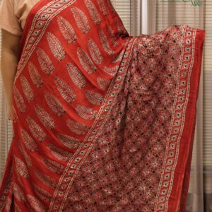 Red Ajrakh Hand Block Prints with Tissue Pallu Pure Modal Saree