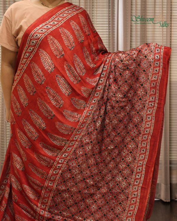 Red Ajrakh Hand Block Prints with Tissue Pallu Pure Modal Saree