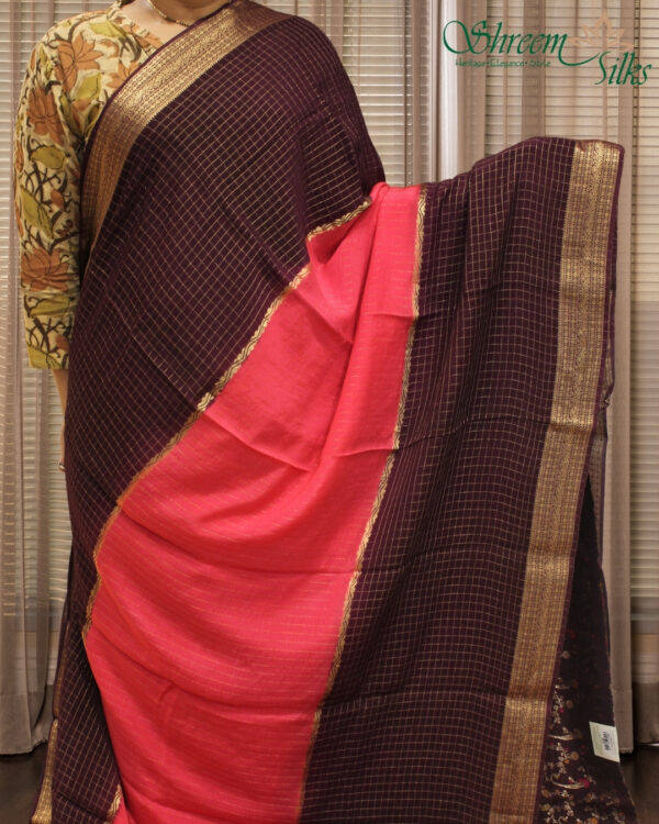Zari Woven Checks & Vertical Lines Chinnon Saree