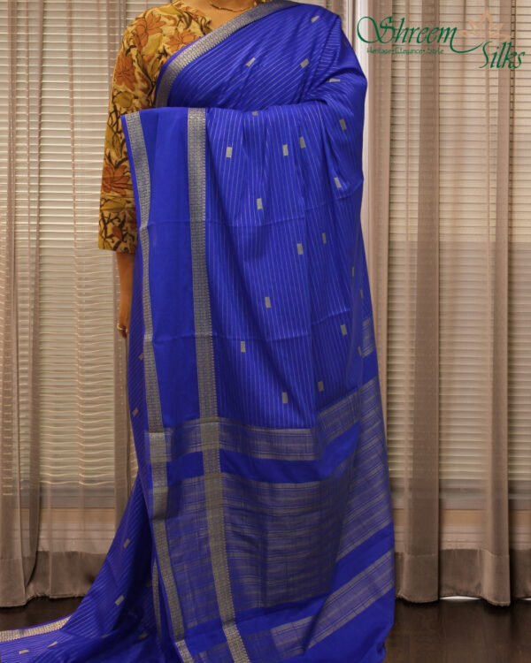 Roya Blue with Zari Woven Horizontal Lines with Bentex Border Semi Mysore Crepe Saree - Image 2