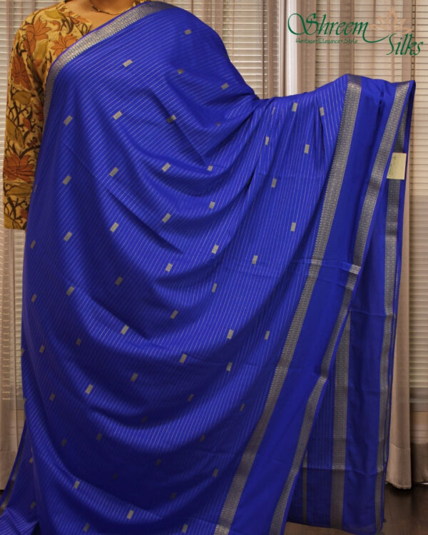 Roya Blue with Zari Woven Horizontal Lines with Bentex Border Semi Mysore Crepe Saree