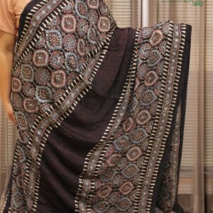 Black Ajrakh Hand Block Prints with Tissue Pallu Pure Modal Saree