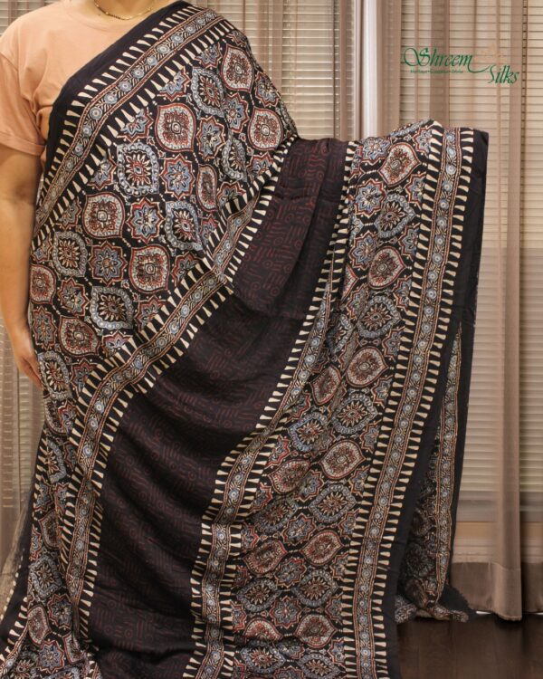 Black Ajrakh Hand Block Prints with Tissue Pallu Pure Modal Saree