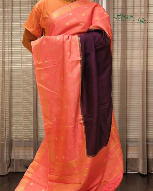 Gold & Silver Zari Woven Motifs & Horizontal Line Raw Mango Silk Saree - Image 2
