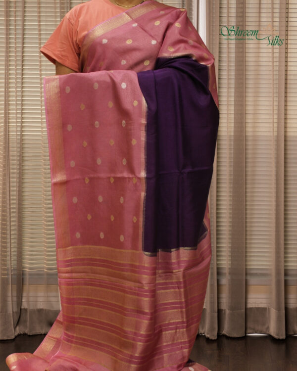 Gold & Silver Zari Woven Motifs & Horizontal Line Raw Mango Silk Saree - Image 6
