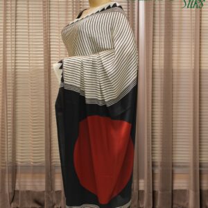 Alternative view of Off White with Black Stripes Ajrakh Prints Satin Saree