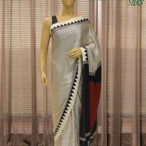 Off White with Black Stripes Ajrakh Prints Satin Saree